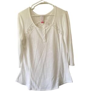 Off White 3/4 Sleeve Lace Inserts Scoop Neck Sheer Top W Side Slits XXL/19 top